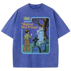 Social Skills Making New Friends Washed Retro Male Women T-Shirts Hip Hop Breathable Tops Casual T Shirt Oversized Cotton T-Shir