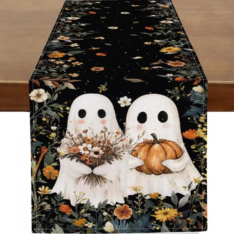 VIKAMA Halloween Table Runner Cute Ghost Floral Pumpkin Table Runner for Dining Table Home Fall Halloween Party Decor