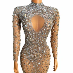 Silver Crystals Stones  Evening Birthday Celebrate Mesh Stretch Dance Long Sleeves Dress Sexy Transparent Long Dress