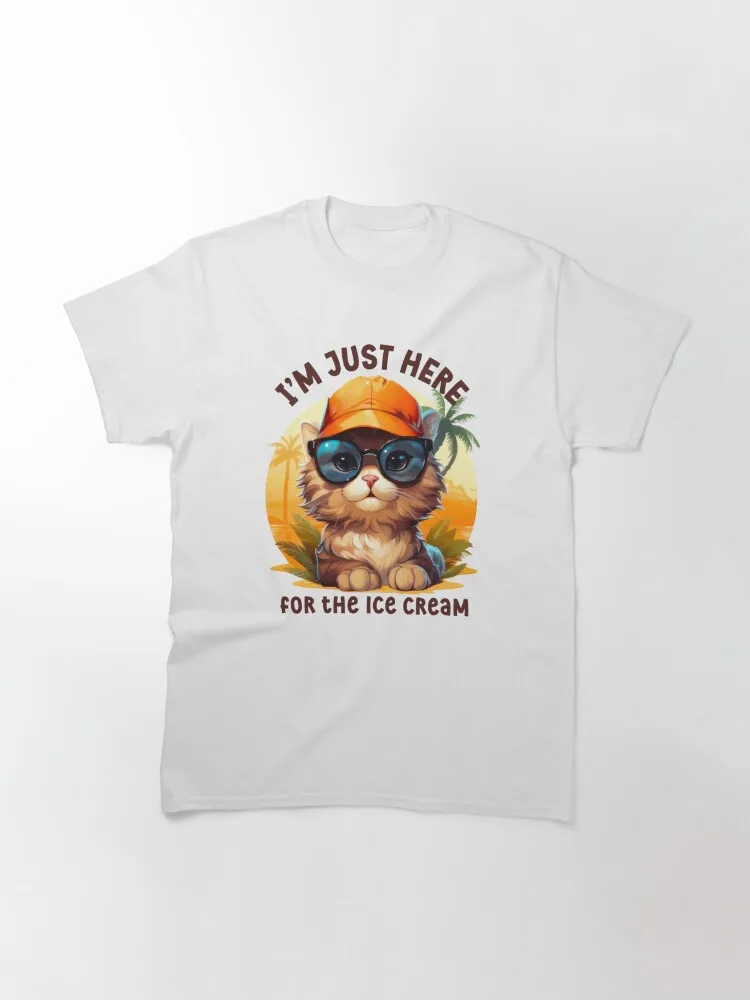 I'm Just Here For The Ice Cream Funny Cat Classic T-Shirt Vintage Short Sleeve Crew Neck Clothing