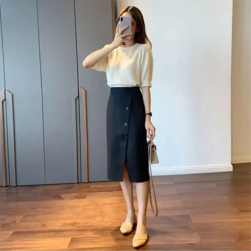 ฤดูใบไม้ผลิฤดูร้อนใหม่ Office Lady กระโปรงผู้หญิงสูงเอวเดี่ยวแยก A-Line ห่อสะโพกกระโปรง Elegant Jupe