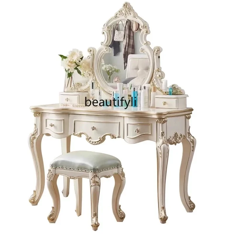 H European style dressing table makeup table with mirror makeup stool solid wood carving 1.2 meters neoclassical