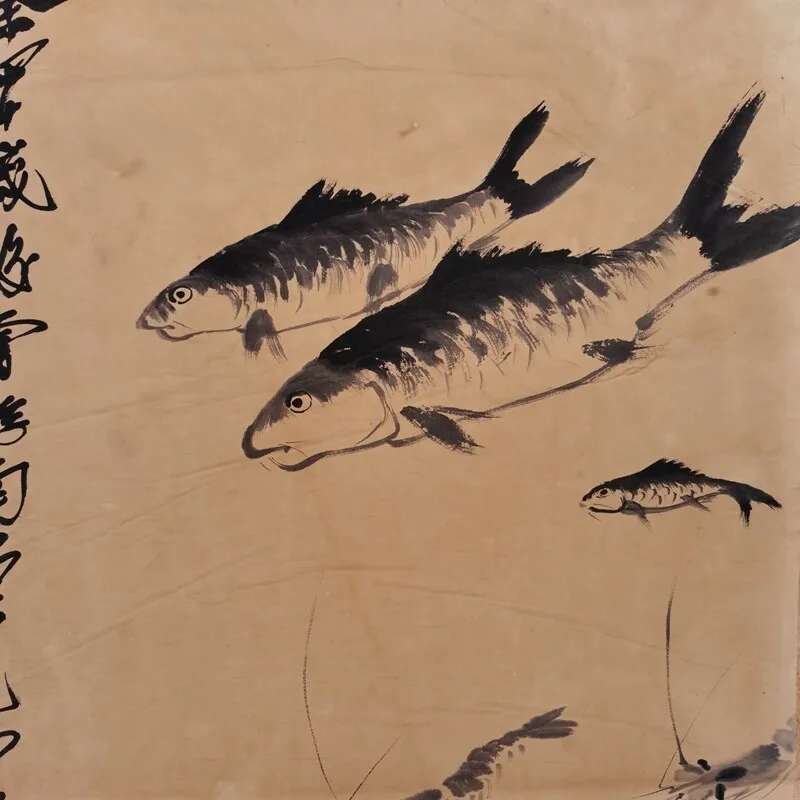 Old Chinese Scroll Painting “Qi Baishi shrimp” Painting Paper slice