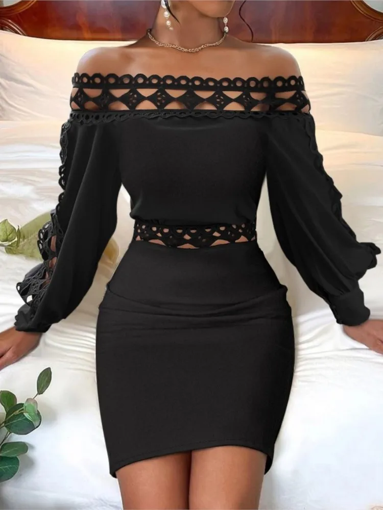 

Women Autumn Long Sleeved Wrap Hip Dresses Black Lace Patchwork Hollow Party Dress Fashion Slash Nneck High Waist Tight Dress