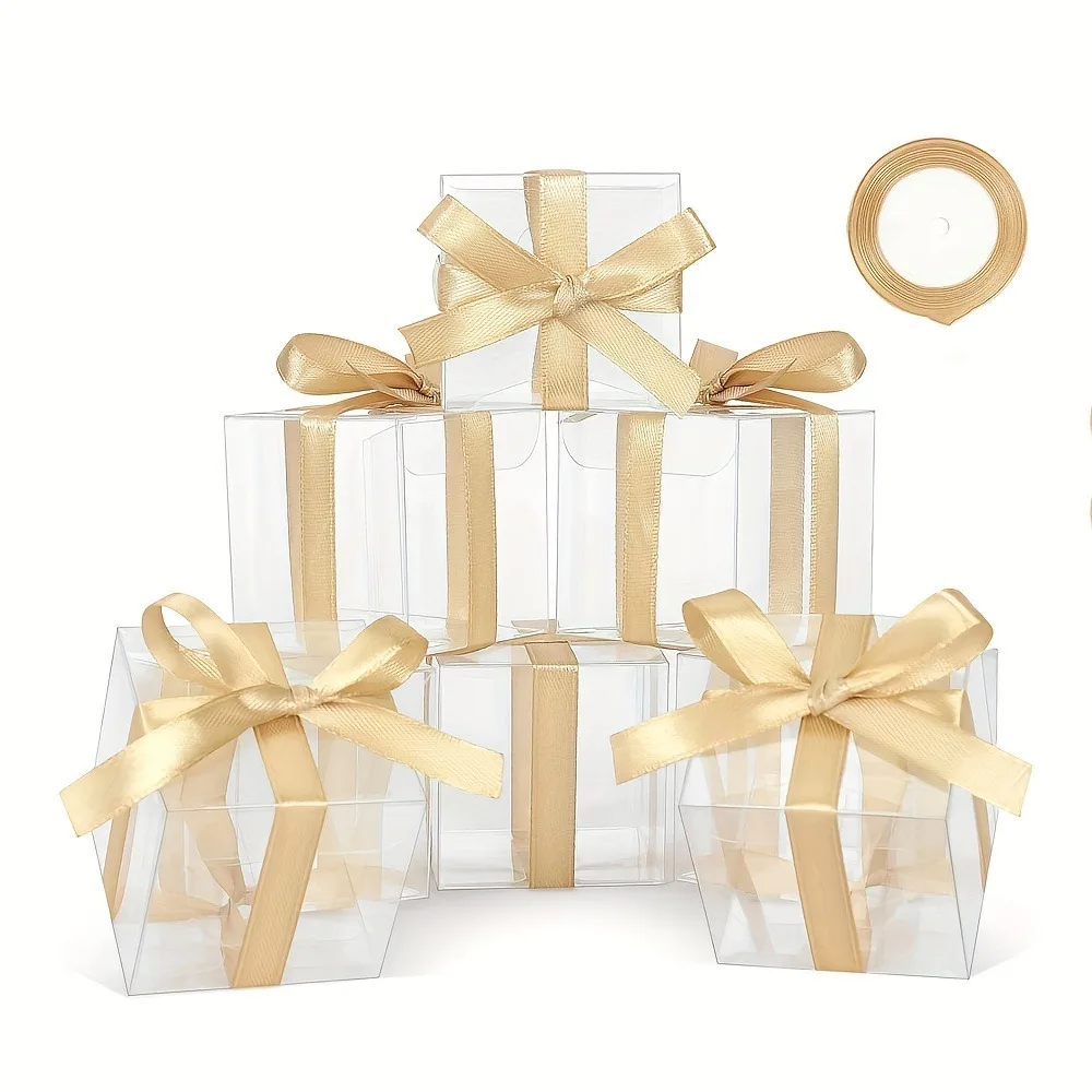 50 Stück Transparente Party-Geschenkboxen 5/6/7/8CM Süßigkeiten-Boxen mit Bändern Mini Plastik-Geschenkboxen für Hochzeit Geburtstag Babyparty