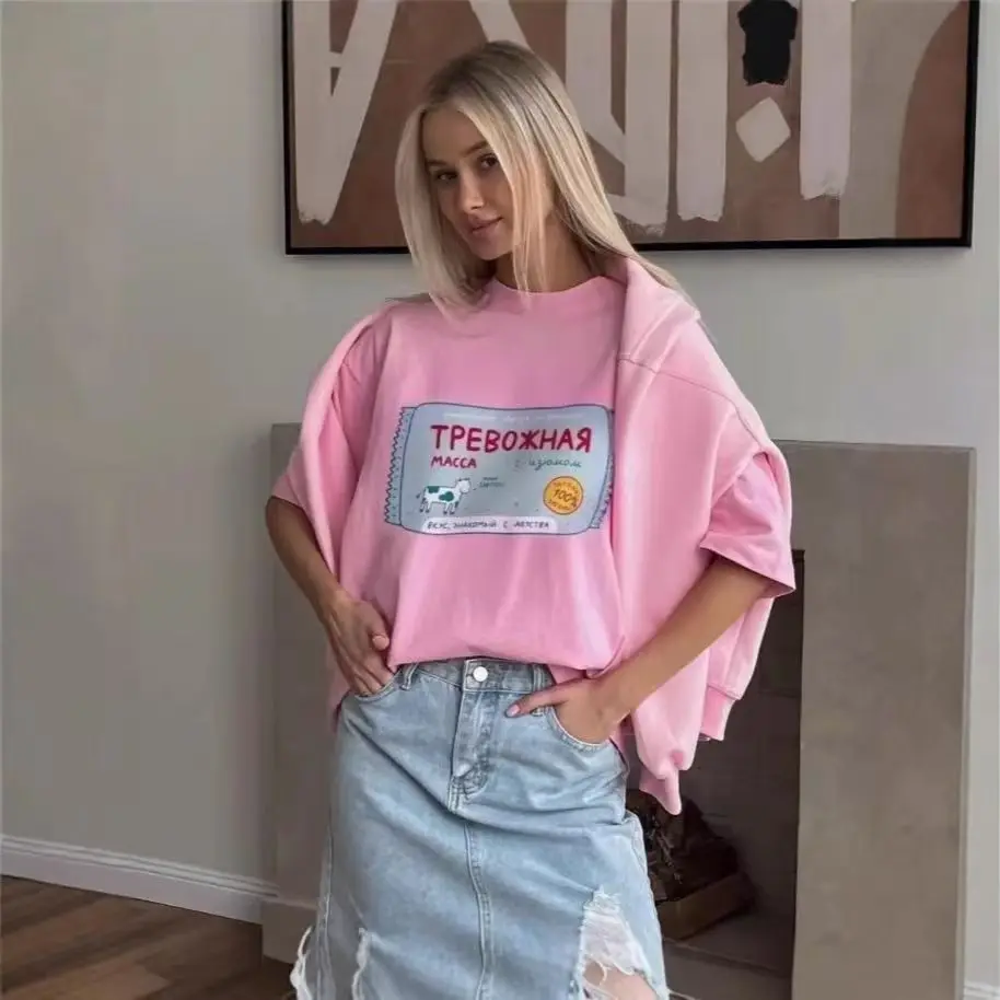 Russian Letter Printing Summer New 100% Cotton T Shirt Women's Fashionable O-Neck Loose Short Sleeved Female Casual  Hip Hop Top
