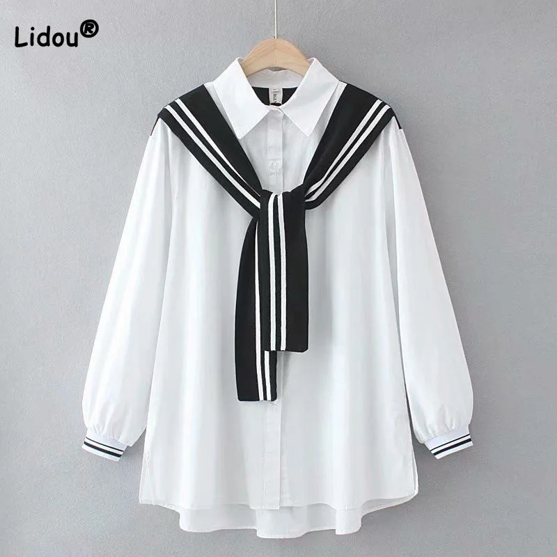 Women Spring New Commute Polo-Neck Fake Two Color Matching Shawl Long Sleeve Loose Casual Look Thin Single Breasted White Shirt