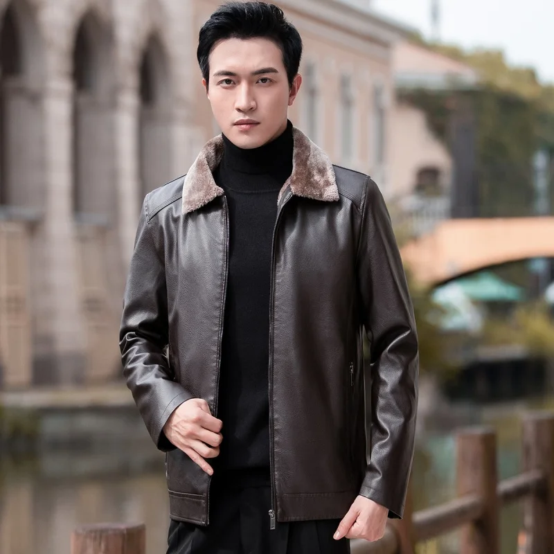 

Новая мужская утепленная куртка из искусственной кожи на флисовой подкладке, деловой стиль, осень-зима, корейский тренд, с отстегивающимся меховым воротником, повседневное пальто