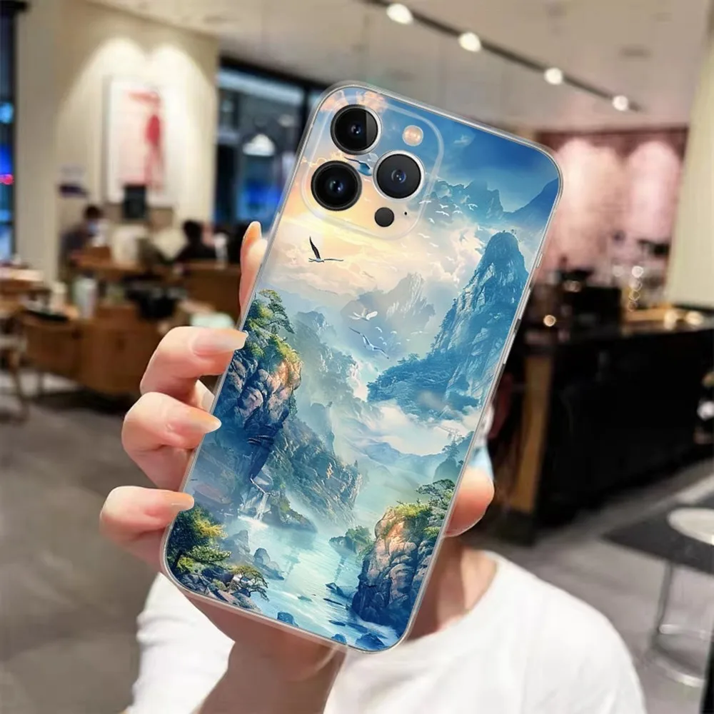 

Chinese Landscape Painting Transparent Phone Case For iPhone 15 14 13 12 11 Pro Xs Max Mini XR X 7 8 Plus Transparency Funda