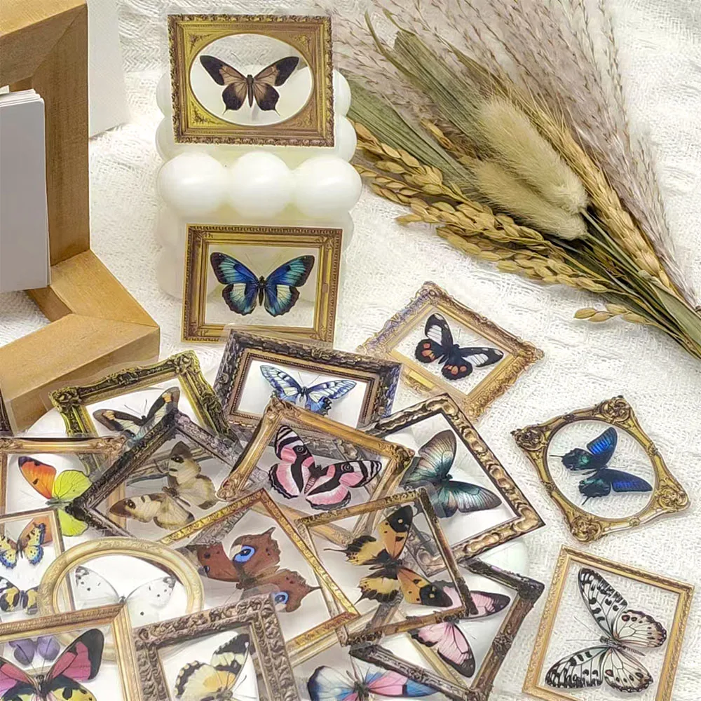 

52PCS Vintage Butterfly Stickers Retro Style Graffiti Decals For Laptop Luggage Notebooks Refrigerator PET Transparent Stickers