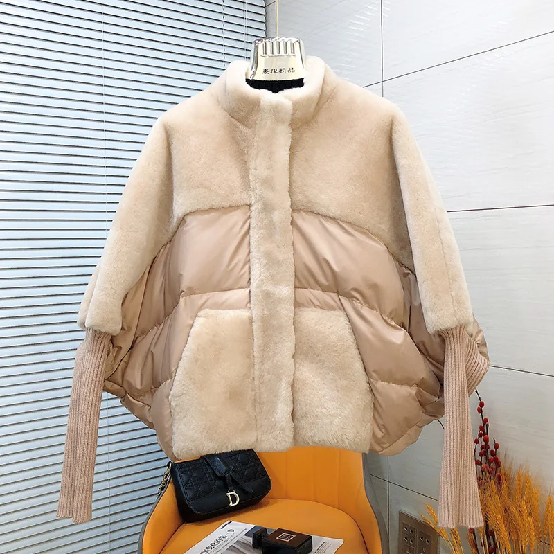 New Fashion Women Natural Real Sheep Fur Coat Thick Warm Goose Down Coats Winter Coat Female Outwear Puffer Jackets