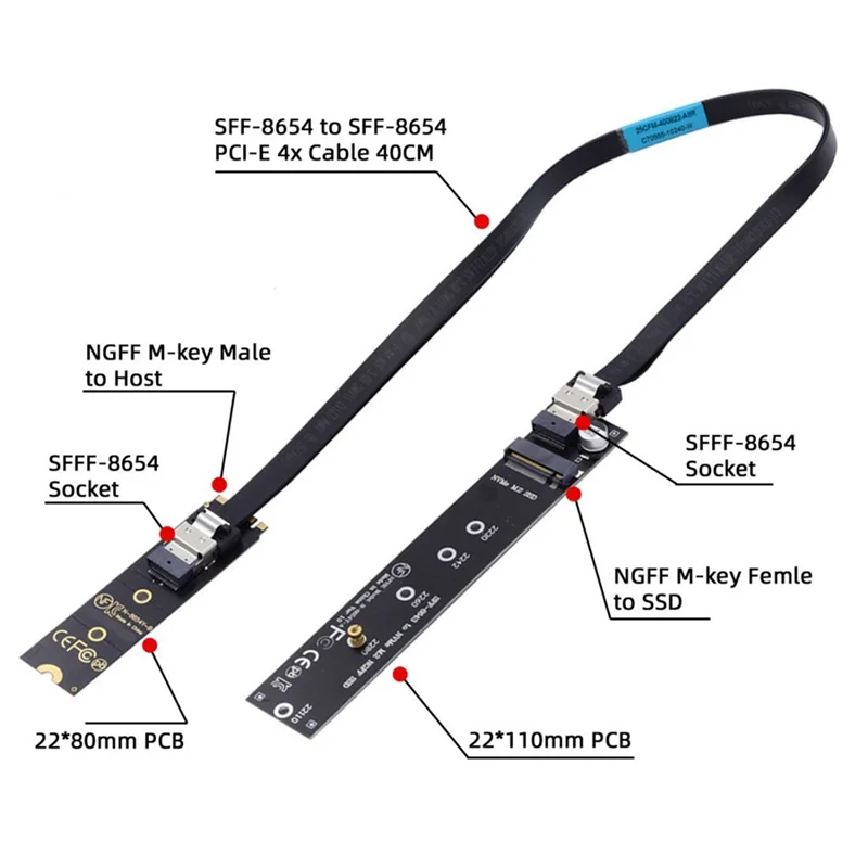 AEE7-NGFF M.2 NVME M-Key SSD Male To Female Extension Cable 40Cm With SFF-8654 Connector Adapter For Mainboard SSD 2280/22110