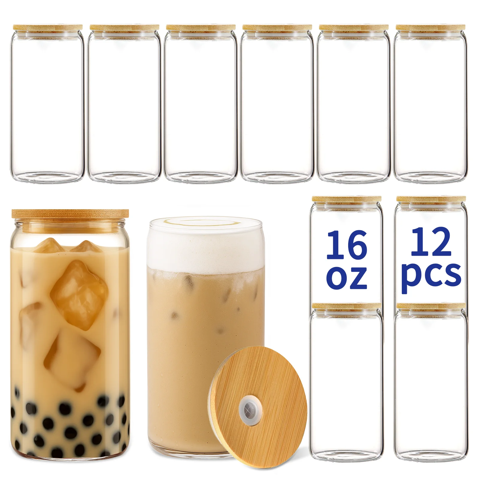 12Pcs/set 16-ounce Sublimated Tumbler Clear Beer Cans Glass Drinks with Plastic Straws and Bamboo Lid