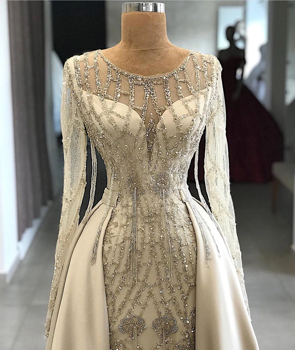 

Arabia Beading Evening Dresses Luxury Sequin Full Sleeves Mermaid Illusion Muslim Formal Party Prom Gown Vestido Customized