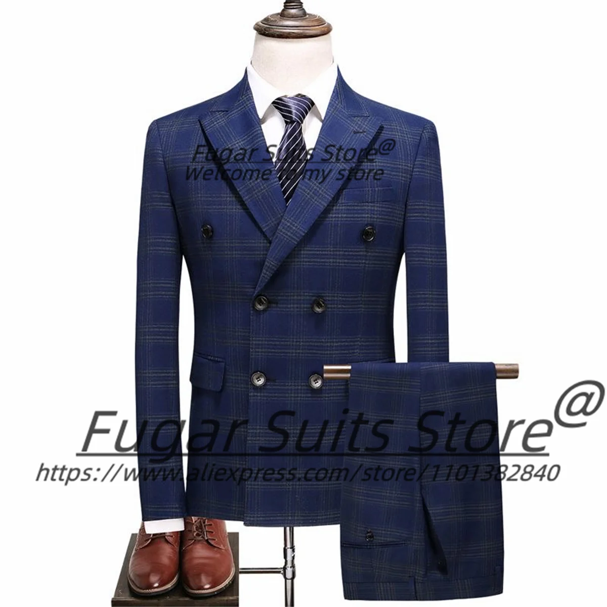 

Business Plaid Double Breasted Groom Wedding Tuxedos Customized Slim Fit Peak Lapel Men Suits Foraml 2 Pieces Sets Ropa Hombre