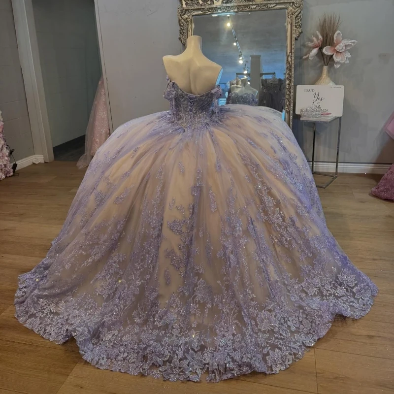 Lavender Quinceanera Dresses Ball Gown Off The Shoulder Appliques Crystal Beading Tull Champagne Lining Sweet Vestidos De 15 Gir