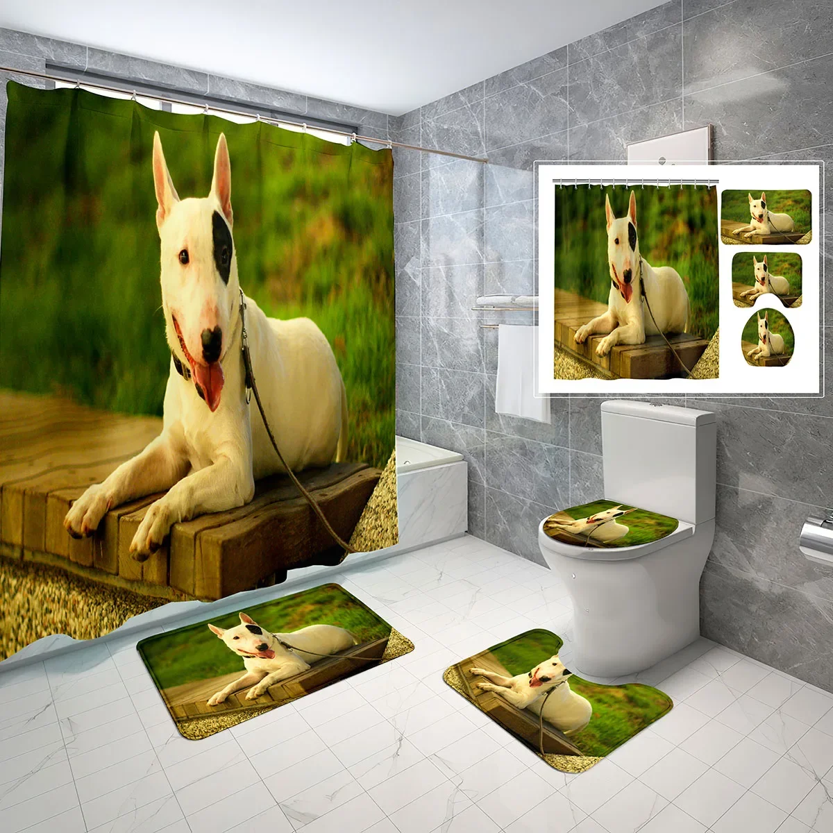 

4 Piece Bull Terrier Shower Curtain Set with Non-Slip Rug Toilet Lid Cover Funny Cute Pet White Dog Waterproof Bath Curtain