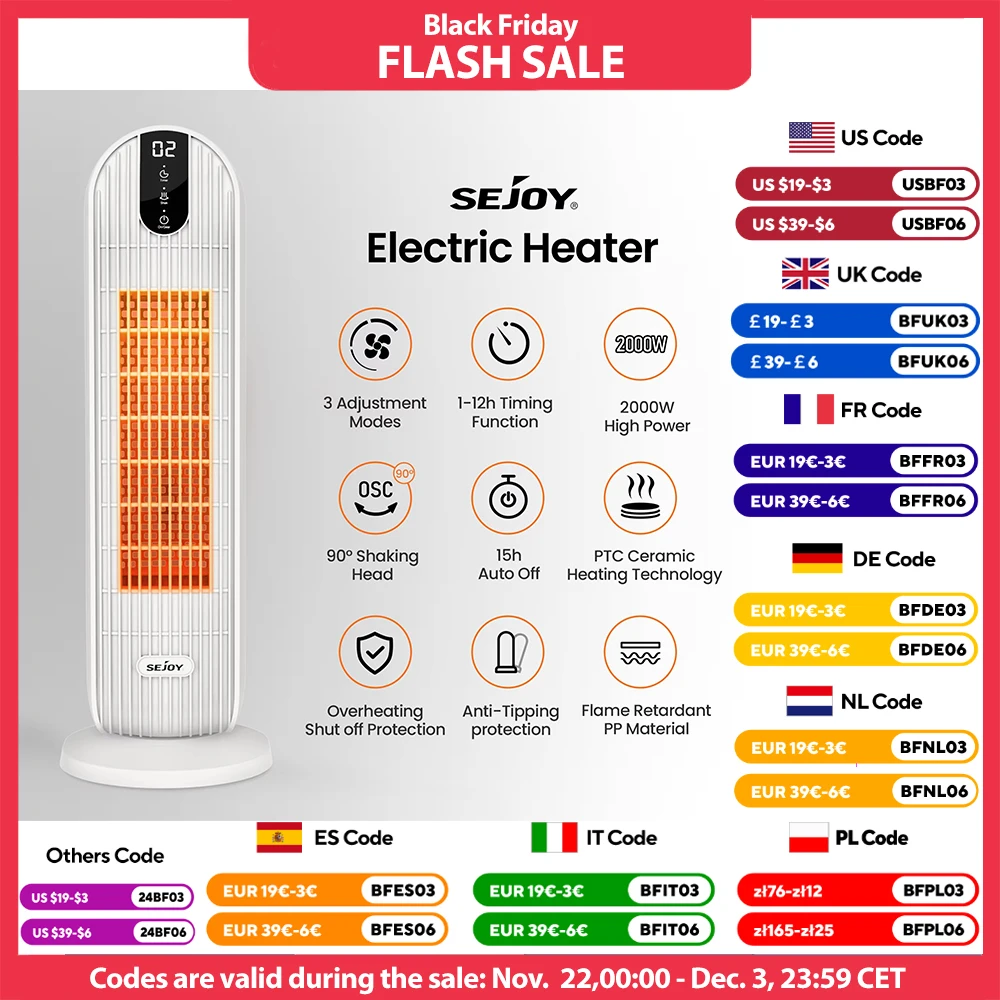 Sejoy 2000W Electric Heater Home Heating Fans 3 gears 220v EU Plug Space Heater PTC Ceramic Heater,with Timing,Automatic Swing