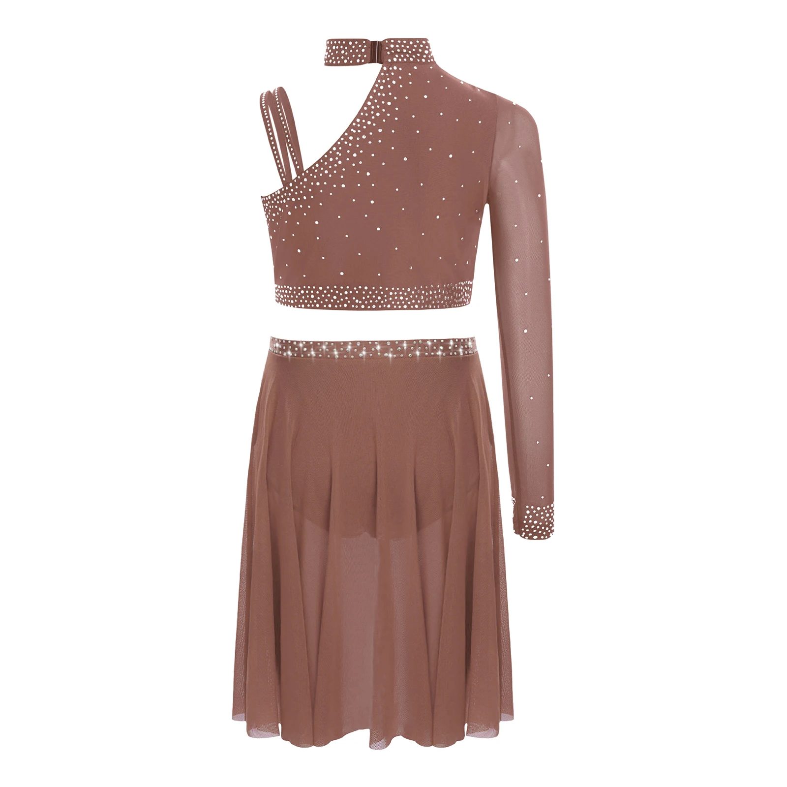 Kids Girls Lyrical Dance Outfit Sparkly Rhinestones Irregular Shoulder Crop Top+Sheer Mesh Skirt Set Figure Skating Dance Dress