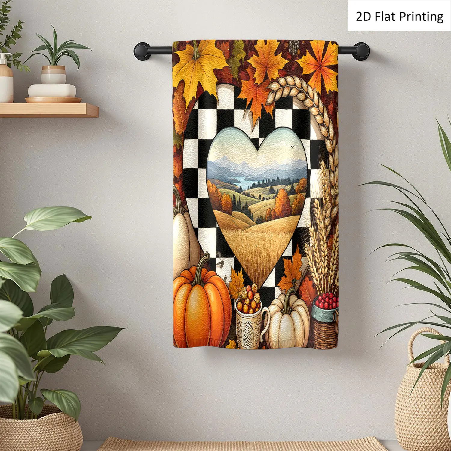 

1Pc Thanksgiving Fall Leaves Pumpkins Wheat Checkered Heart Bathroom Hand Towel Bath Towel, Multiple Size Microfiber Polyester Towel, Unique Home Decorative Kitchen Towels, Festival Bathroom Accessories Decor, Quick Dry and Absorbent