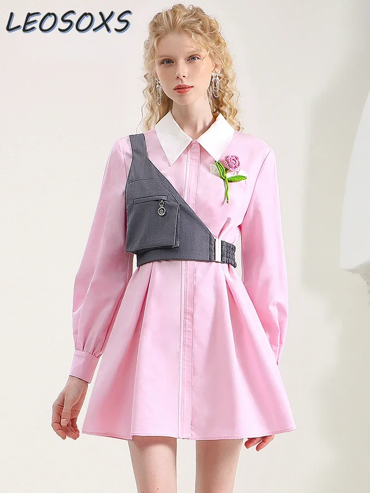 2023 Hot Sale Three-Dimensional Flower Asymmetric Frock Vest Design Pink Shirt Dress Sweet Cool Dress Mini Dresses for Women