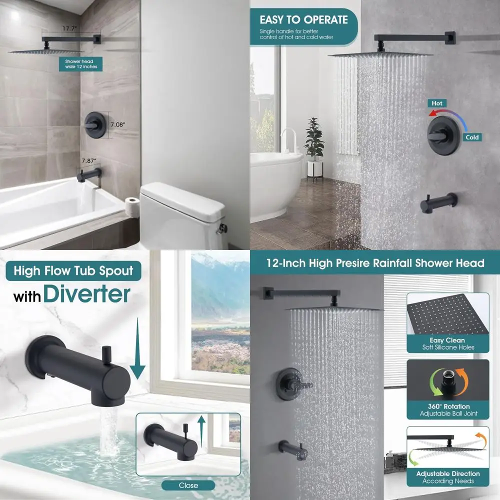 Delta 1300/1400 Series Replacement Shower Trim Kit with 12 Matte Black Rain Head - No Valve