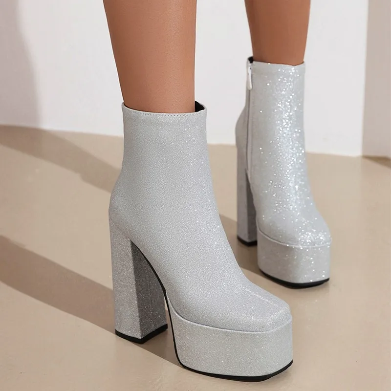 Bling Bling Gold Silver Sequins Ankle Boots Women Autumn Winter Platform Chunky Heels Short Booties Glittering Wedding Shoes 42