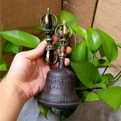 9.5cm Black Tibetan Bells Chimes Vintage Brass Buddhist Meditation Bell Instruments Nepal Hand Bell with Dorje Vajra Ornaments