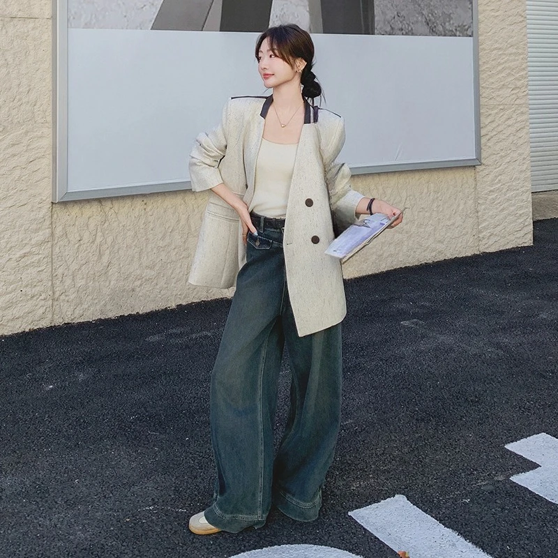 

Real Shot Korean Temperament Design Sense Splicing Blazer Women's Spring and Autumn New Casual Super Good-looking Small Suit