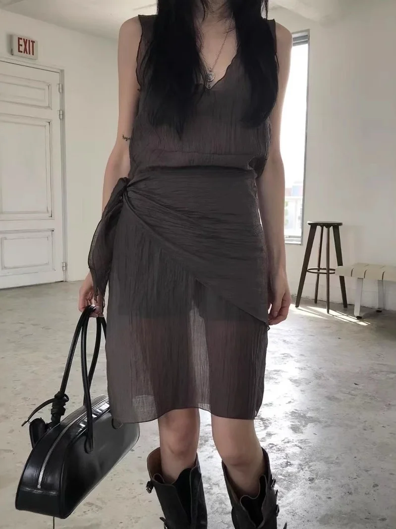 Vestido de Verão Estilo Casual com Ombros à Mostra e Lenço Triangular Design de Camadas com Borda em Madeira Alta Cintura Ves...