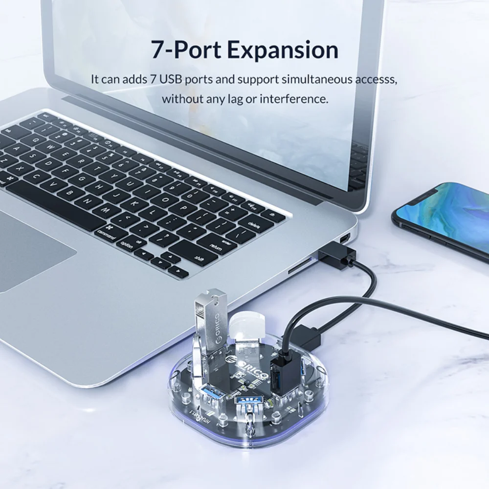 

ORICO Transparent USB HUB 4 7Ports USB3.0 Adapter Splitter Support External Micro USB Power Supply for Desktop Laptop Accessorie
