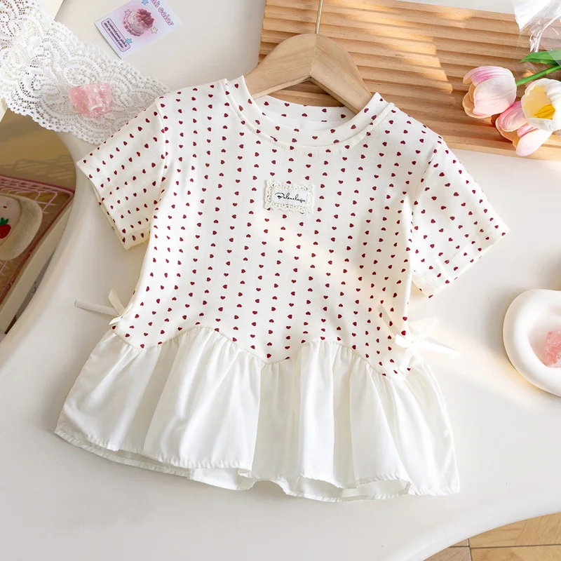 Korean Style Summer Baby Girls Tops Round Collar Lace Trim T-shirts Kids Fashion Short Sleeve Heart Print Tee Children Clothes