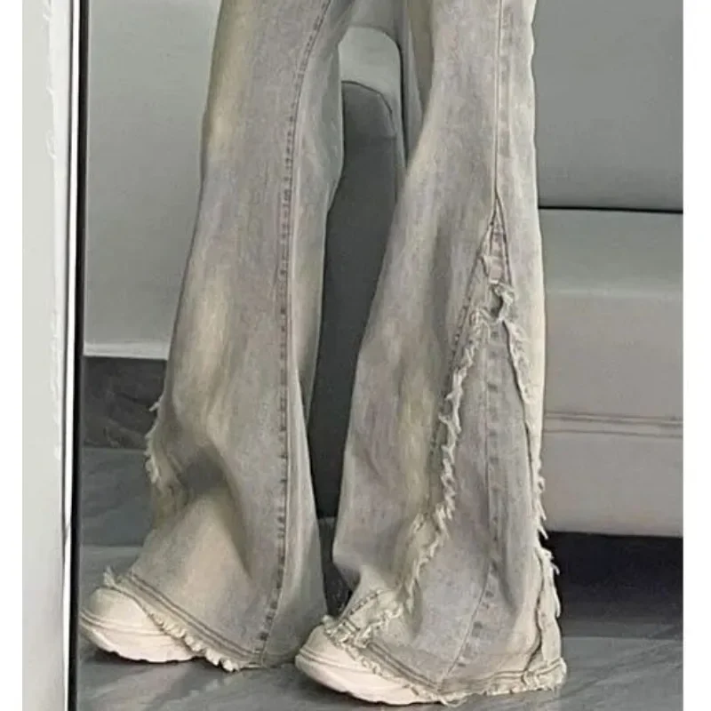 بنطلون جينز نسائي أمريكي ريترو عالي الخصر متوهج بتصميم مرقع مهدب، سروال مستقيم نحيف وتنحيف على شكل حدوة حصان