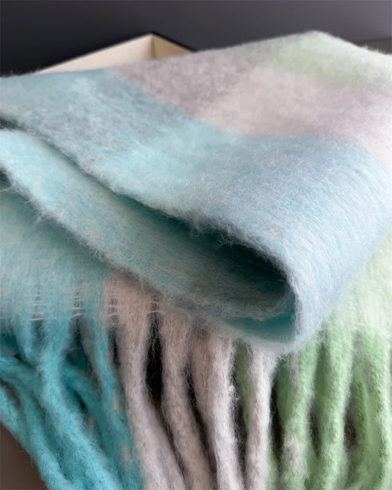 Warmer Dicker Winterschal für Damen, Mohair, Kariert, Weicher Quastenschal, Pashmina, Großer Halsdecken-Schal – Detail 24
