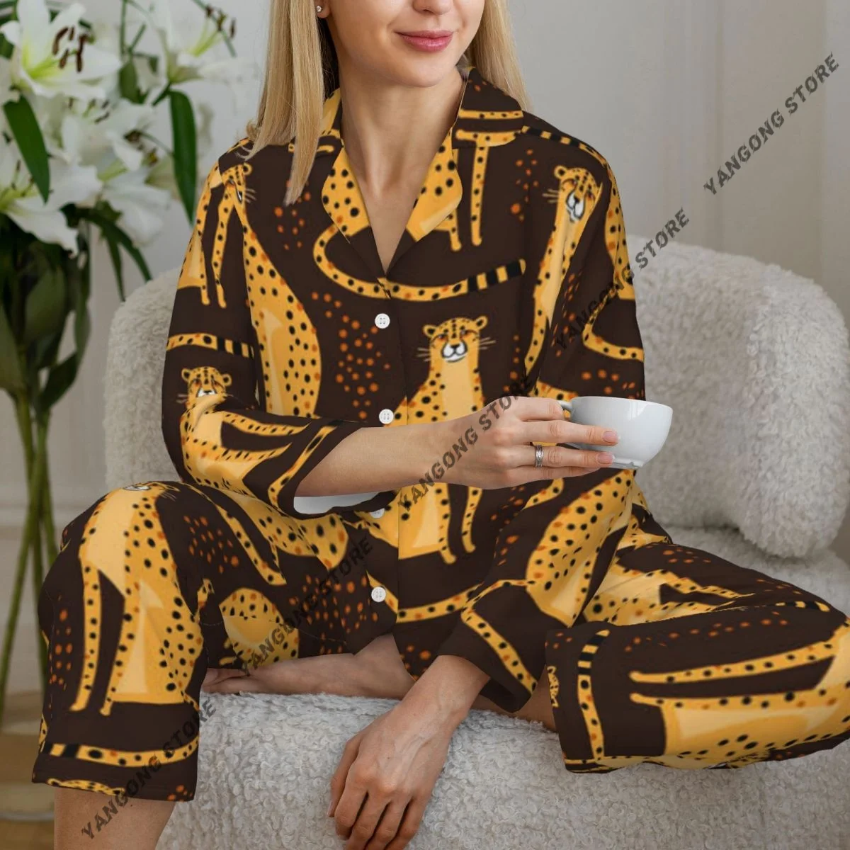 

Spring and Autumn Long Sleeve Pants Pajamas Loungewear Set Cheetahs Leopards Wild Cats Women's Pull Edge Loose Sleeping Suit