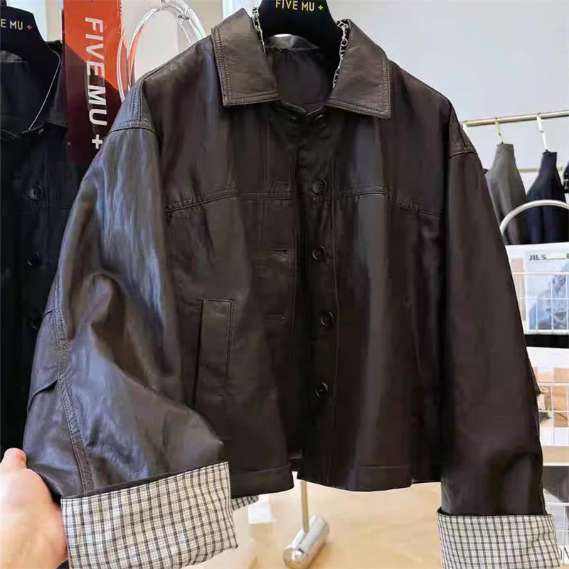 Casual Korean Style Short Leather Jacket Women's Spring Autumn Flip Collar  Biker Coat Stylish Synthetic Leather Outerwear