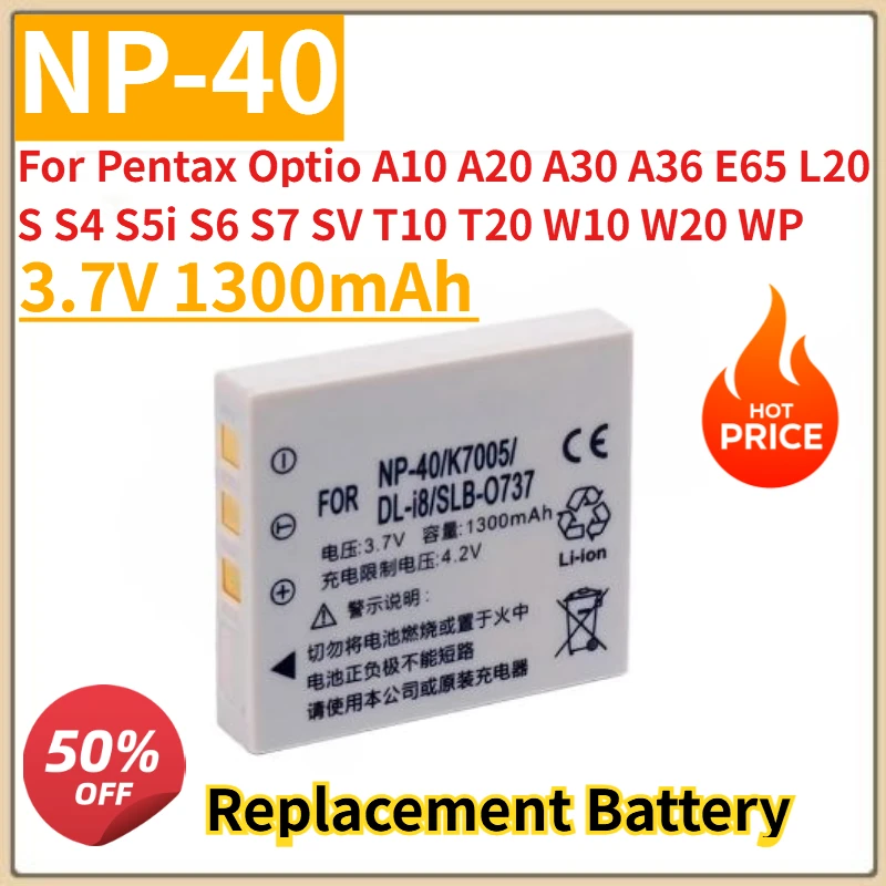 

New NP-40 D-Li8 D-Li85 Camera Battery 3.7V 1300mAh for Pentax Optio A10 A20 A30 A36 E65 L20 S S4 S5i S6 S7 SV T10 T20 W10 W20 WP