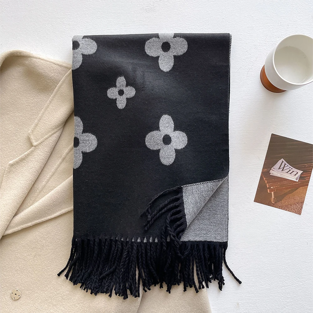 أنيقة الزهور الجاكار الصوف فو شال كشمير وشاح طويل المرأة شتاء دافئ منديل ربيع الخريف يلتف مزدوجة الجانبين