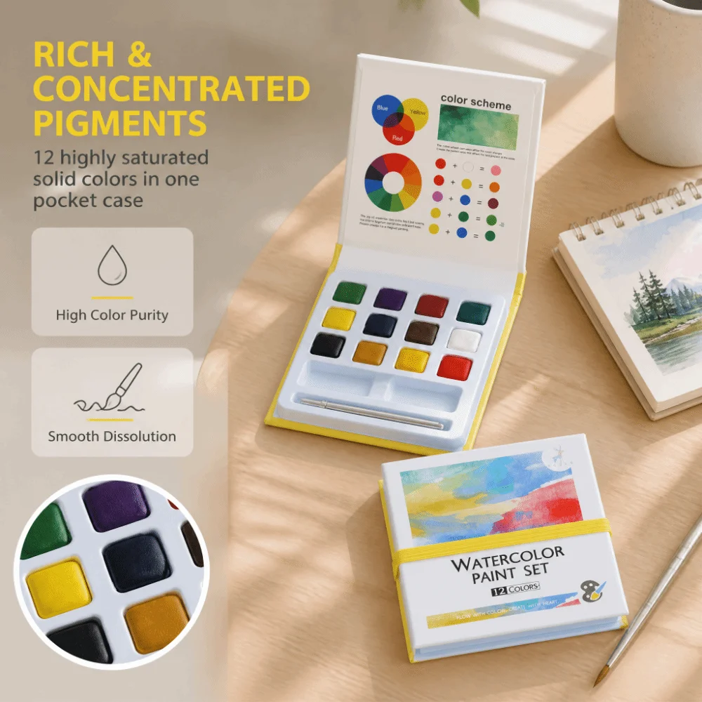 12 Colors Solid Watercolor Paint Set Solid Non‑toxic Travel Watercolor Set Travel Size Portable Watercolor Kit Painting