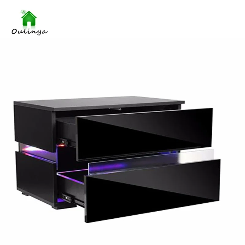 Nowoczesna stolik nocny LED wysoki połysk stoliki do kawy RGB z 2 szufladami Sofa boczna szafa na dokumenty skrzynia do przechowywania stół 60*39*45cm