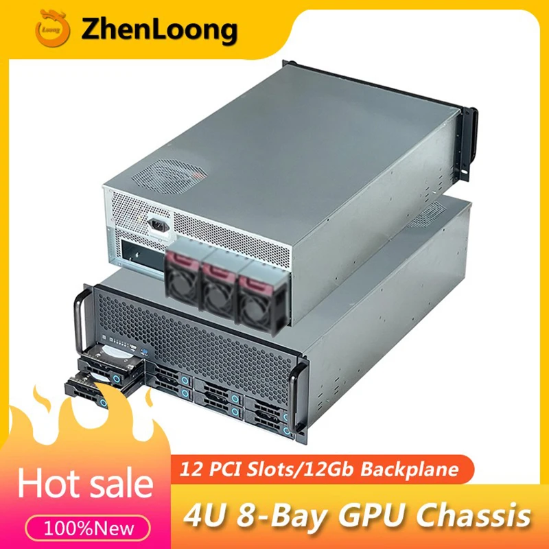 ZhenLoong GPU 4U Server Rack Case 12 Slot PCI 8 Bay Hard Disk Drive Hot Swap Chassis Support Supermirco X10DRG-Q X12 X11DPG-Q4