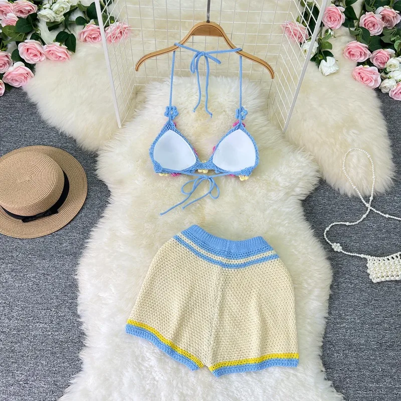 Summer Shorts Sets Women Girl Holiday Beach Bikini Knitted Crochet Flower Halter Camisole with Shorts Women Sexy Two Piece Sets