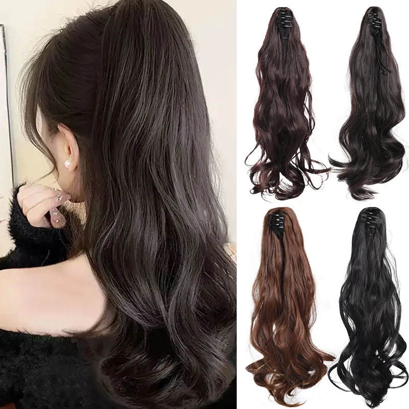 

18inch Claw Clip Wavy Hair Ponytail Extensions Wig Syntehtic Natural Wave Ponytail Hairpiece with Claw Clip for Women Daily Use