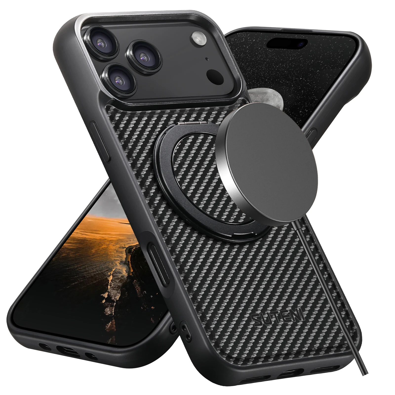 SUTENI Magnet Kabellose Ladehülle für Mobiltelefone 360 ° Drehbarer Ständer mit Kunstleder-Ringschnalle für iPhone 18 Pro Max 17 16 Plus – Detail 2