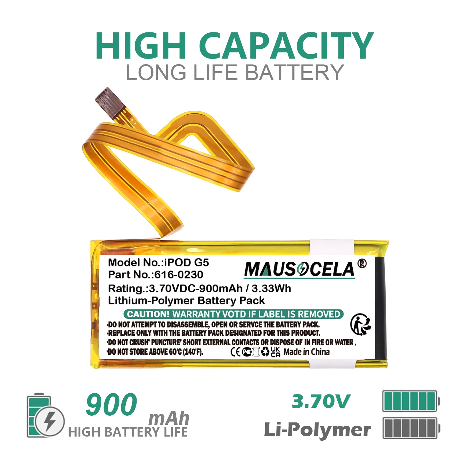 

Media Player Battery For Apple:iPOD Video 30GB,EC008,EC008-1,EC008-2,616-0230,616-0229,616-0227,616-0412,616-0392,900mAh/3.33Wh