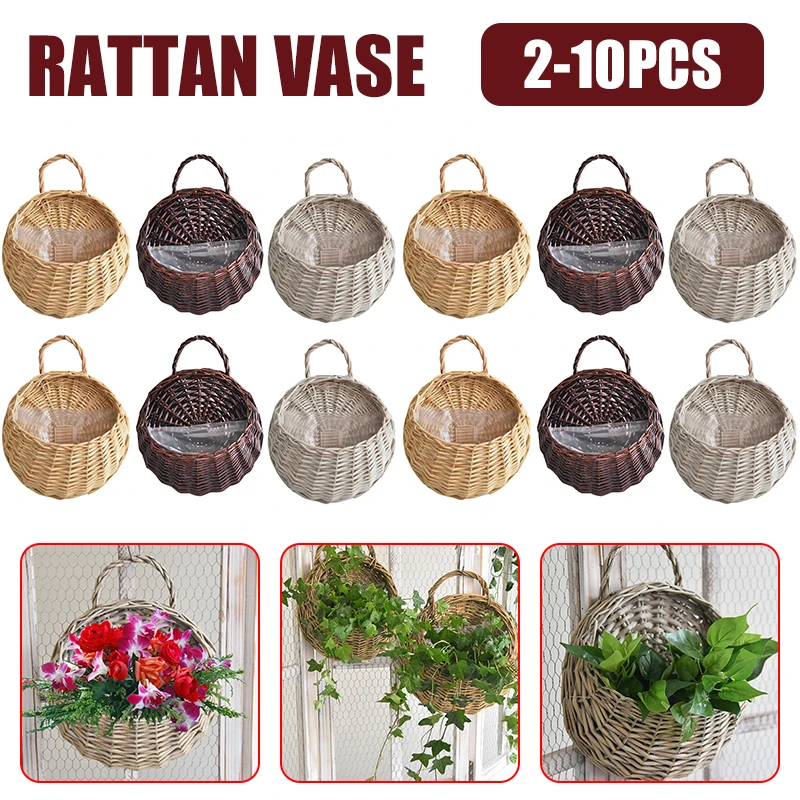 2/4/8/10pcs Wall Hanging Handmade Wicker Rattan Flower Basket Green Vine Pot Planter Hanging Vase Wall Plant Basket For Garden