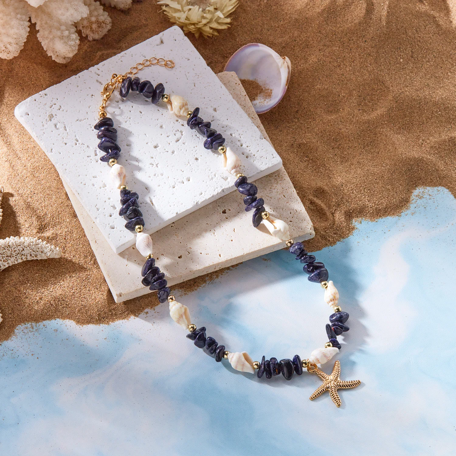 Boho Muschel Rosa Stein Choker Halskette für Frauen Goldfarben Seestern-Anhänger Strand-Schmuck für Sommerurlaub Y2K Ästhetisches Geschenk – Detail 7