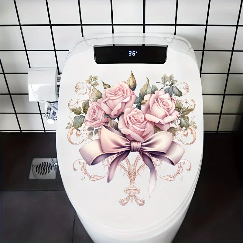 Elegant Pink Rose Bow Bathroom Decals Floral Home Decor Multifunctional Wall & Door Stickers Aesthetic Toilet Decor B45