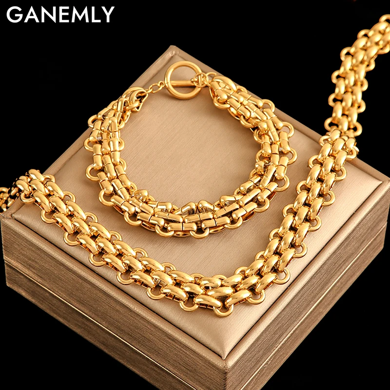 

GANEMLY 316L Stainless Steel Cuban Chain Statement Necklace Bracelet Set For Women Fashion 18K Gold-Plated Waterproof Jewelry