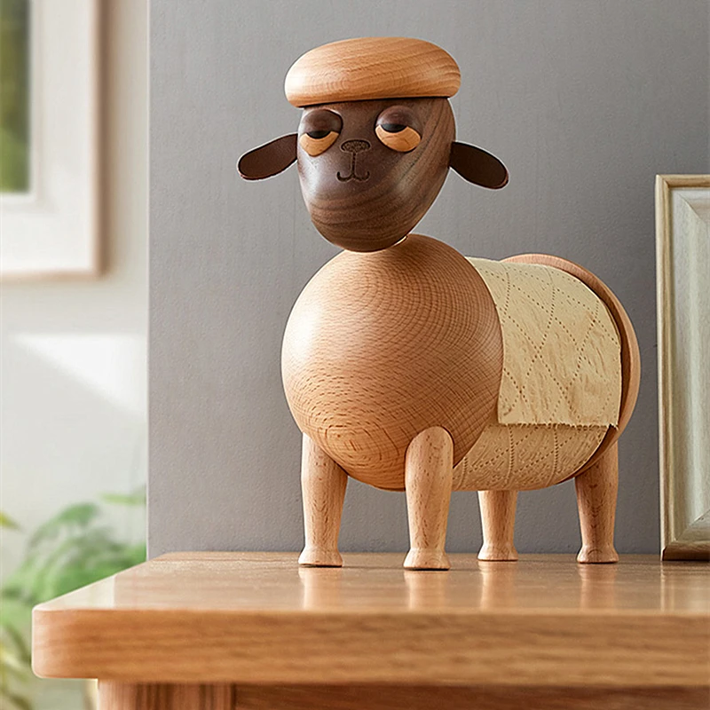 

Nordic Solid Wood Handmade Tissue Box Living Room Home Roll Stand Log Cute Alpaca Paper Extraction Box Creative Ornaments